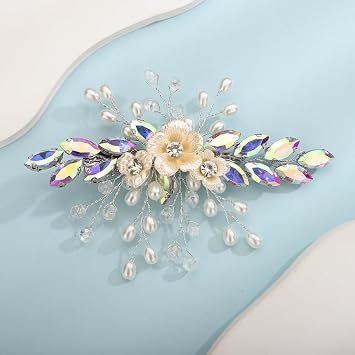 Xerling Colorful Rhinestones Iridescent Crystal Flower Hair Barrettes Clip Boho Bridal Pearl Hair Jewelry Accessories for Women Wedding Floral Headpieces AB Colorful