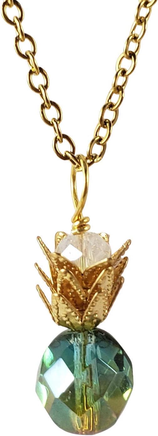 Pineapple green and gold necklace in gold-hypoallergenic for sensitive skin, Handmade in Hawaii Beach Jewelry