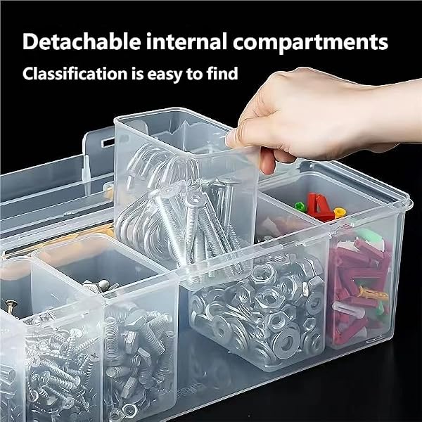Scatola di immagazzinaggio hardware multiuso con divisori regolabili rimovibili Organizer portatile per utensili con manico ergonomico Custodia in plastica resistente trasparente per viti Chiodi - 5