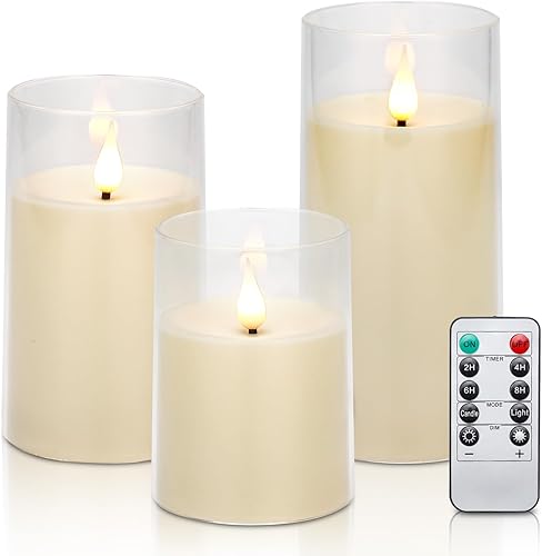 iplacer Velas de pilar sin llama color marfil que funcionan con pilas con control remoto y temporizador, velas eléctricas intermitentes LED de