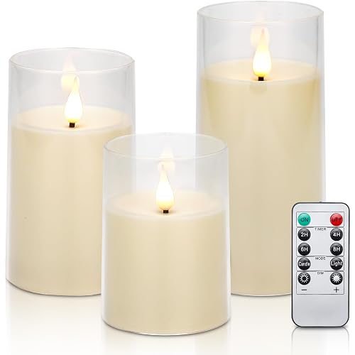 Ivory Flameless Pillar Candles Battery Operated with Remote Control and Timer, Perspex LED Flashing Electric Candles with 3D Flame Pack of 3 (D:3"×H:4" 5" 6")
