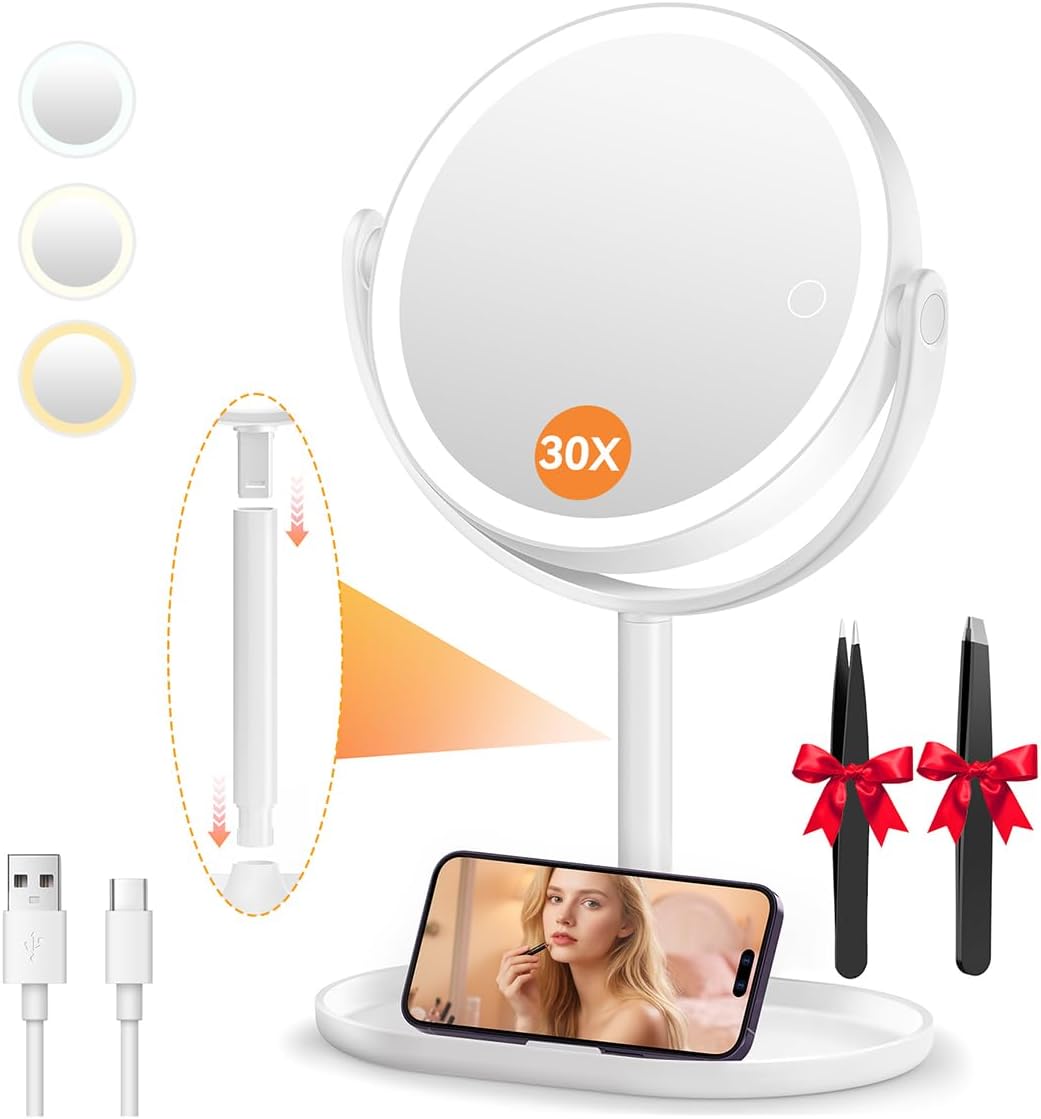 Auxmir 30X/1X Detachable Makeup Mirror with Lights, 3-Color Dimmable Lights | 64 LEDs, 3-color dimmable, dual-side touch control, 360° rotation, 2000mAh rechargeable, detachable design for travel