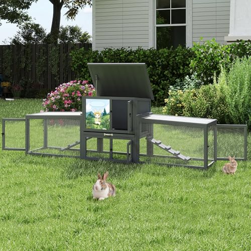 COZIWOW Large Wooden Rabbit Hutch Outdoor Indoor, 94.5" L 2-Level Bunny Cage for 2 or More Small Animals with Removable Tray & Multiple Entrances (Grey)