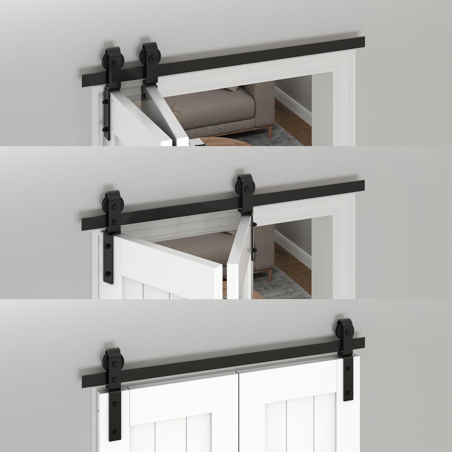 Sequence of images showing a bifold barn door opening and closing smoothly on its track.