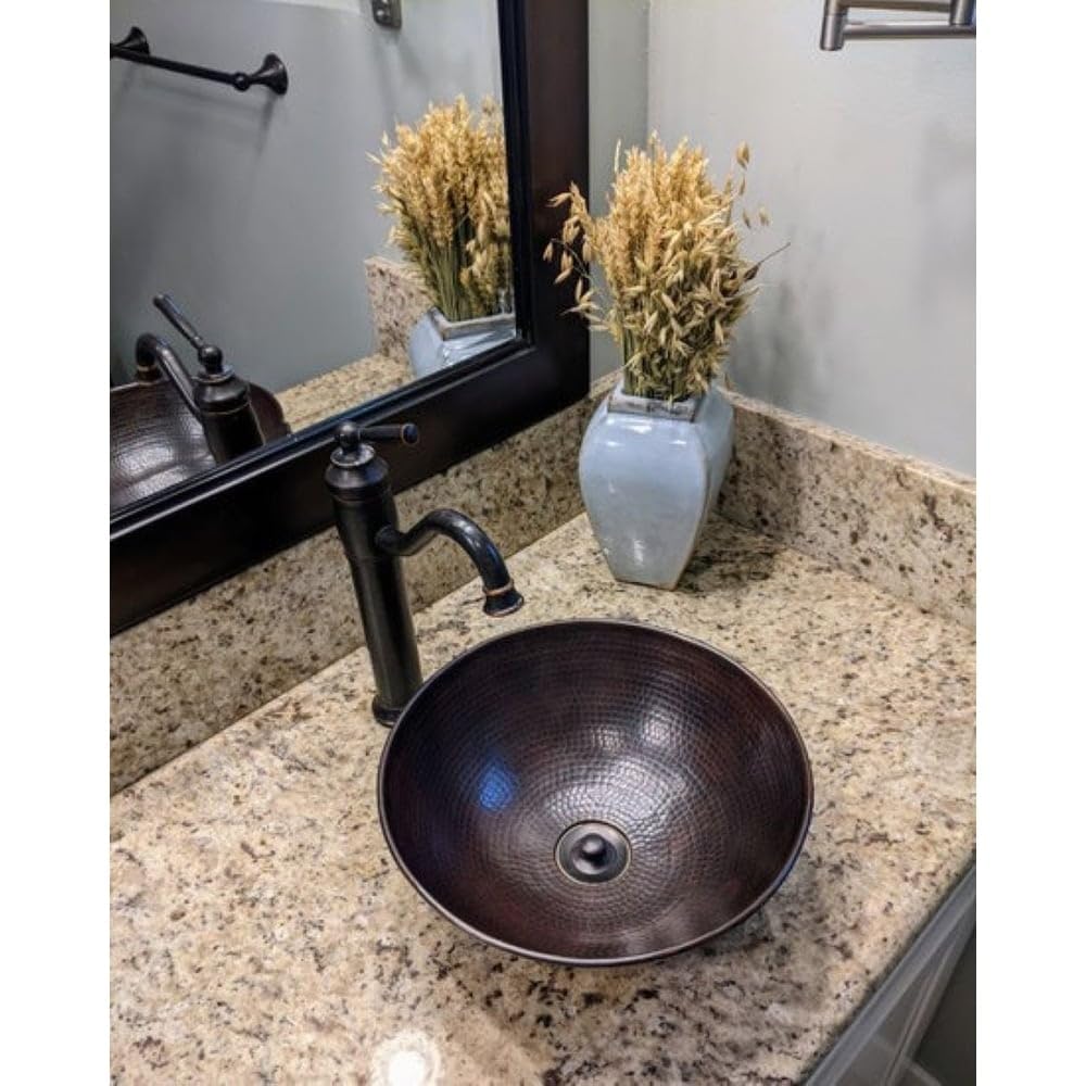 SimplyCopper 13 Inch Round Copper Vessel Sink - Hand-Hammered 18-Gauge Copper, Bucket Design, For Bathroom Vanity - View #7