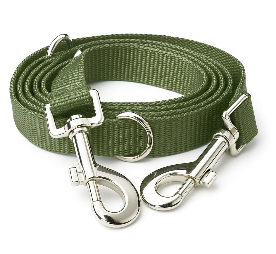 Leisegrün Hundeleine 3m aus Nylon – verstellbare Führleine mit 2 Karabinern für kleine & mittelgroße Hunde – Olivgrün (Modell Kenmare, 180 g)