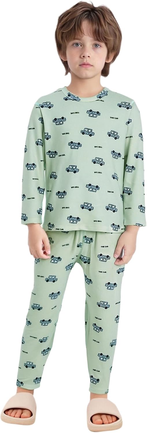 FEESHOW Kids Dralon Thermal Underwear Set Warm Winter Base Layer with Cute Cartoon Animal Print Long Sleeve Top and Pants