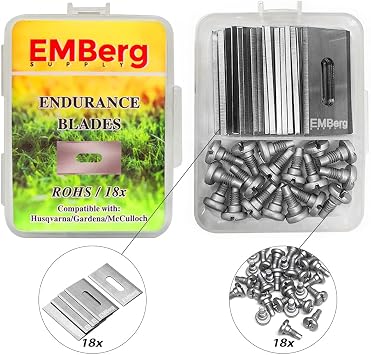 EMBerg Endurance Blades 18 Pack for Husqvarna Gardena McCulloch Robotic Lawnmower Mowing Lawn Mower Robo Robot Accessories Replacement Blade for 315 430 435 450 and Many Others. Steel