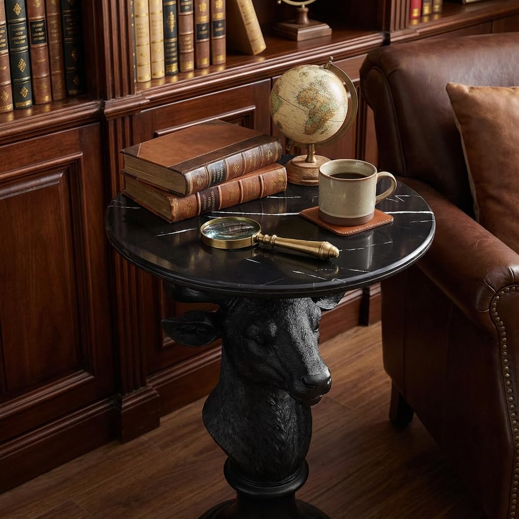 Modern Accent Table with Black Deer Sculpture Base, Minimalist Faux Marble End Table for Living Room Reception Area & Bedroom, 19.69 Inches Wide × 25.59 Inches High
