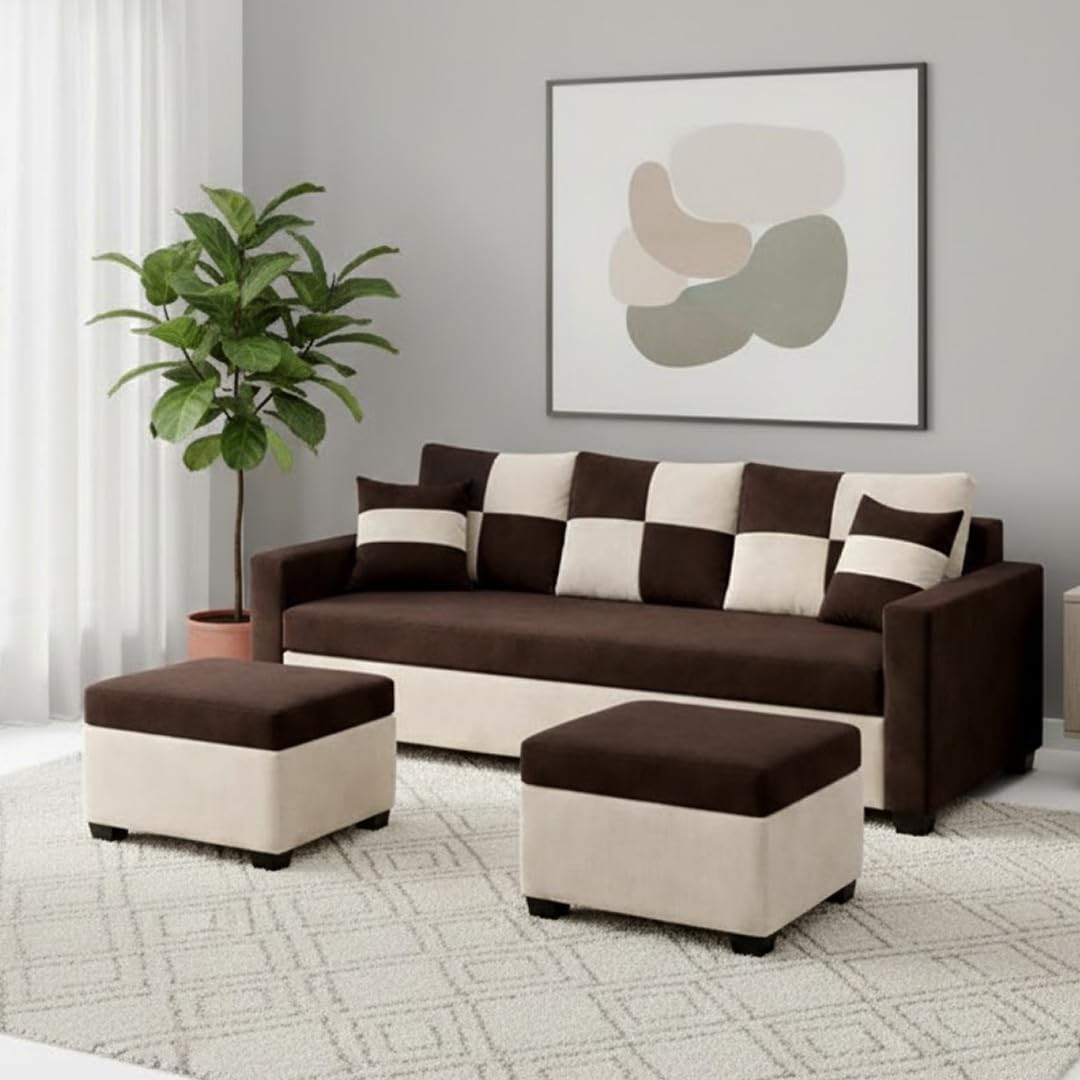 Chastine Luxe Velvet-Suede Fabric 3 Seater Sofa Set with 2 Ottomans | Comfortable & Spacious Seating | Modern Sofa Set for Living Room – Dark Brown & Cream