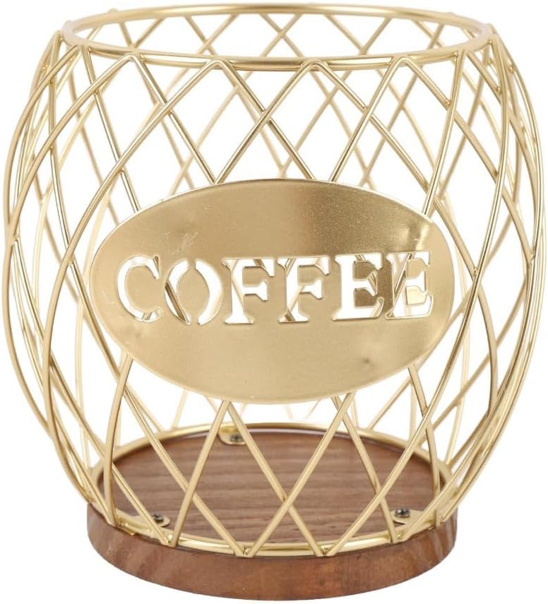 Large Capacity Coffee Pod Storage Organizer Iron Wire Wooden Base Wide Opening Easy Access Desktop Coffee Pod Storage Basket For Coffee Bar(Gold)