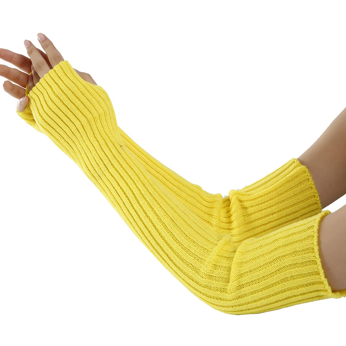 Camelliass Women's Yellow Knit Arm Warmer Long Fingerless Gloves Elbow Length Thumb Hole Warm Gloves (Yellow)