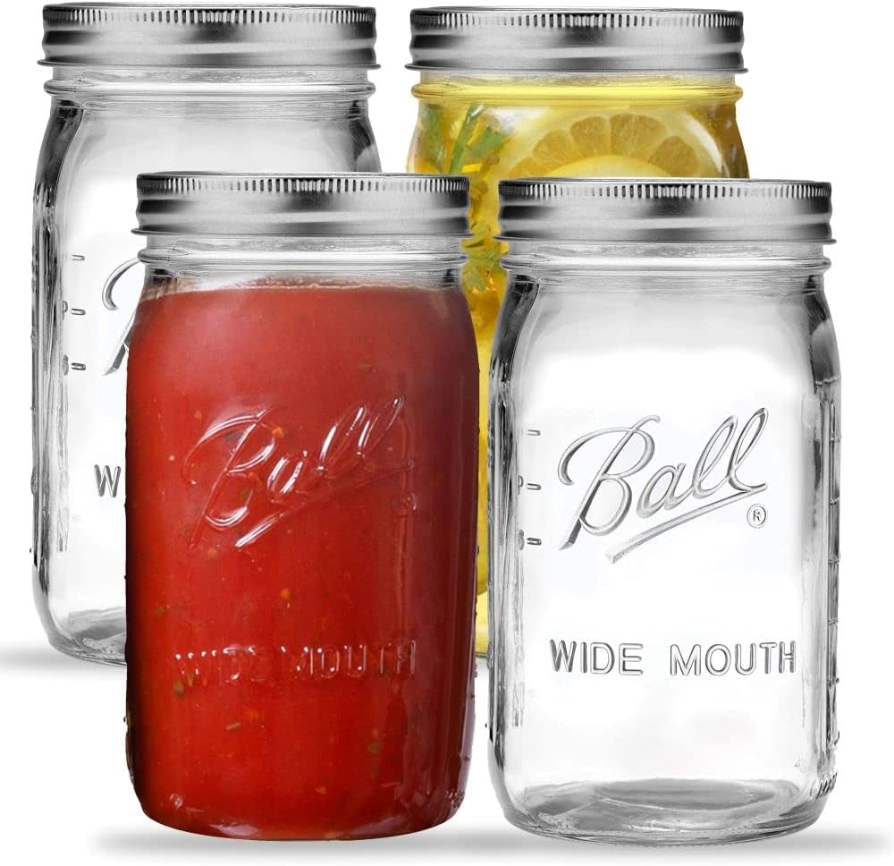 Wide Mouth Mason Jars 32 oz. (4 Pack) - Quart Size Jars with Airtight Lids and Bands for Canning, Fermenting, Pickling, or DIY Decors and Projects - Bundled with Jar Opener