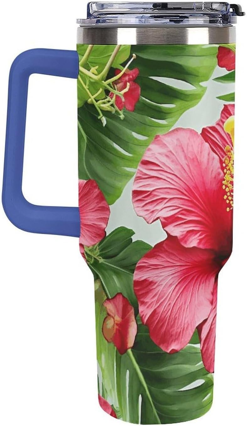 40 Oz Tumbler Deep Blue with Handle, Stainless Steel Vacuum Insulated Tumbler with Straw Lid, Large Capacity Hibiscus Flower Car Cup for Home, Travel, Camping, Shopping, Sports