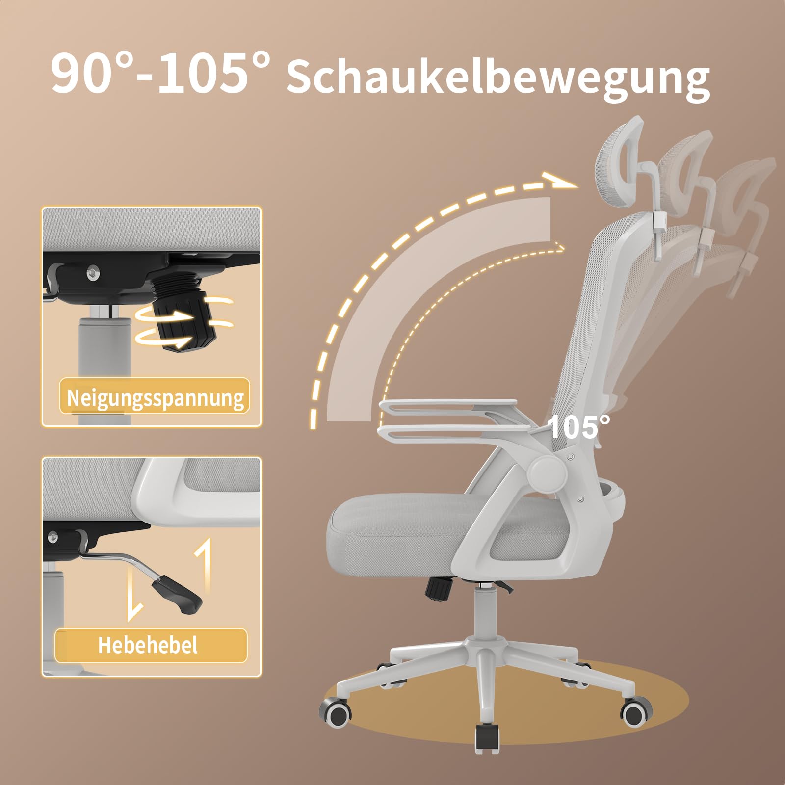 naspaluro Ergonomischer Bürostuhl, Schreibtischstuhl für Homeoffice | Mit Lordosenstütze & verstellbarer Kopfstütze, atmungsaktiver Mesh-Rücken, hochklappbare Armlehnen, höhenverstellbar