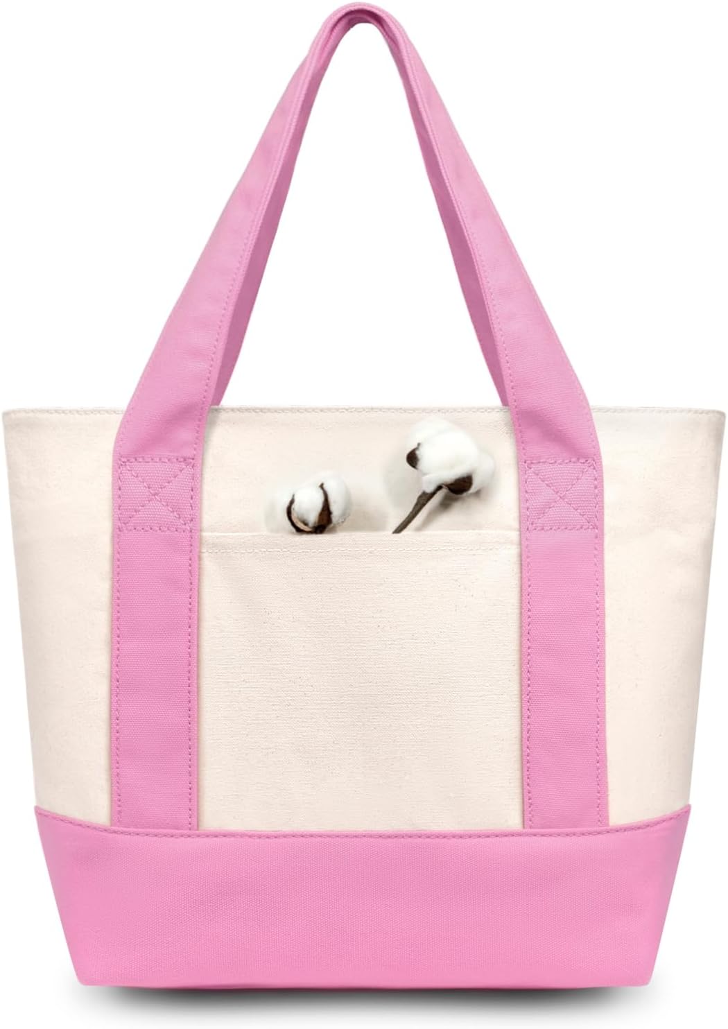  1-Pack Small Canvas Tote Bag with an External Pocket, Reusable Bag, Top Zipper Closure, Daily Essentials (Pink/Natural)