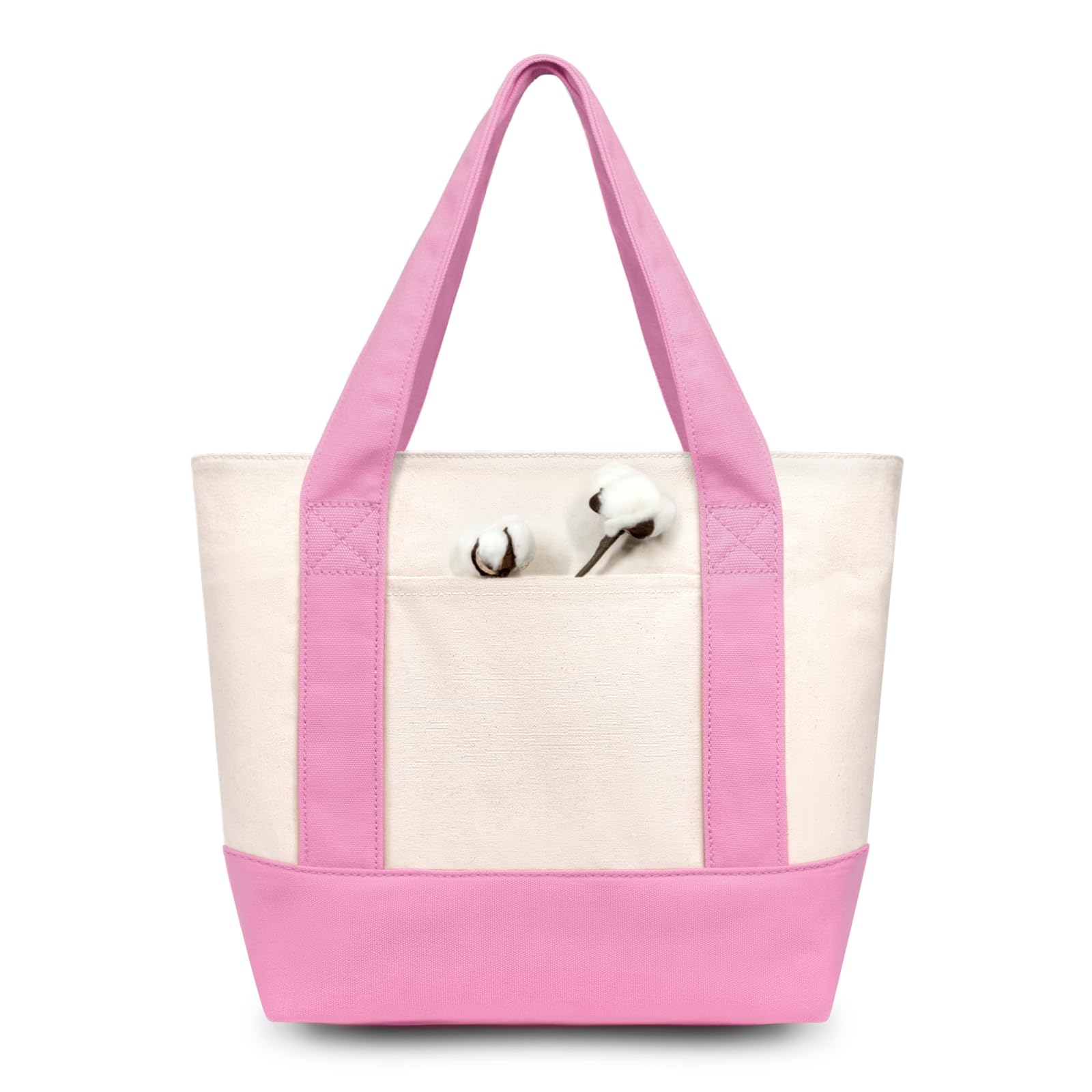 TOPDesign 1-Pack Small Canvas Tote Bag with an External Pocket, Reusable Bag, Top Zipper Closure, Daily Essentials (Pink/Natural)