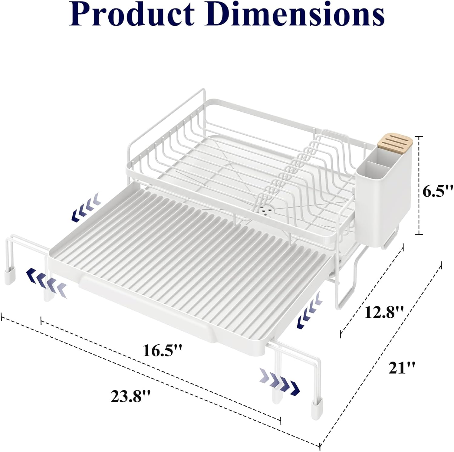 Kitsure Extendable Dish Drying Rack - Adjustable Length 12.8"–21.0", Auto-Draining Dish Rack for Kitchen Counter, Rust-Resistant Metal Frame Over-Sink Support for Plates, Bowls & Utensils, White