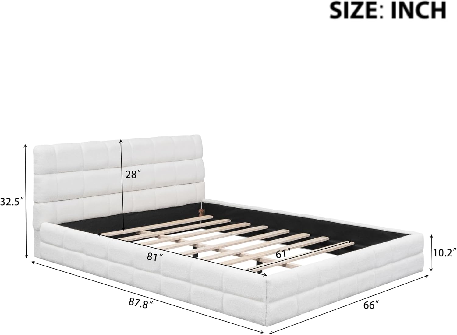 Queen Size Upholstered Platform Bed with Headboard, Floor Platform Bed Frame with Wood Slats,No Spring Need, Queen Upholstered Platform Bed for Bed Room.(White)