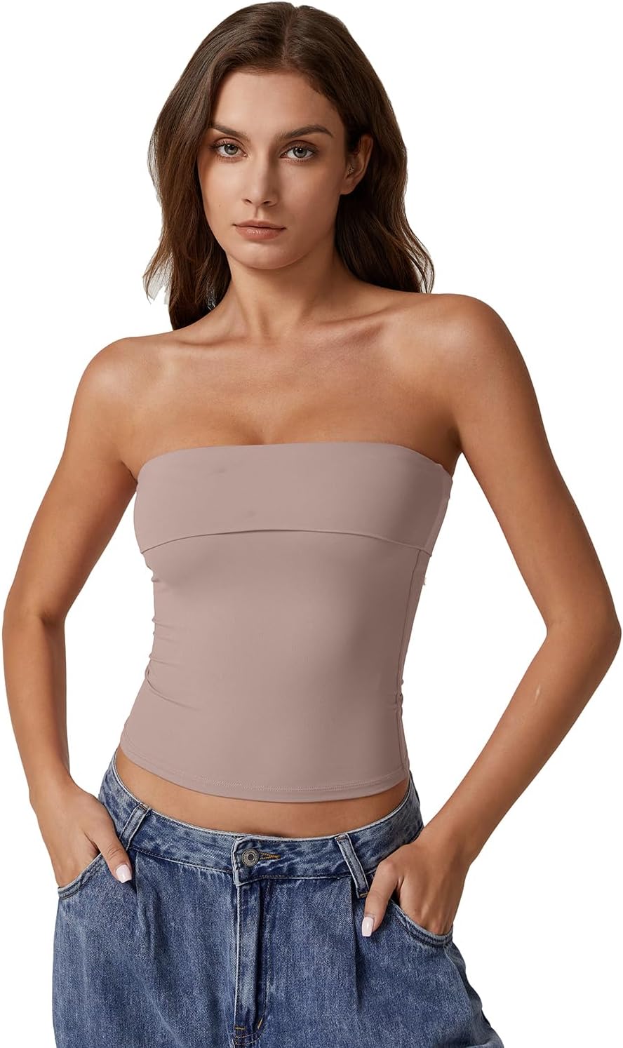 QINSEN Women's Tube Tops Strapless Bandeau Tops Double Lined Slim Fit Summer Going Out Tank Tops - Image 5