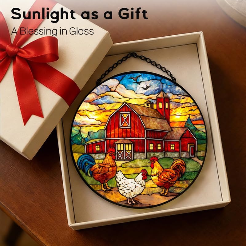 Stained Glass Window Hanging Suncatcher 11.8 in Farm Rooster and Chicken Barn Scene Colorful Glass Panel Sun Catcher for Window,Window Hanging Decor for Home,Housewarming Gift