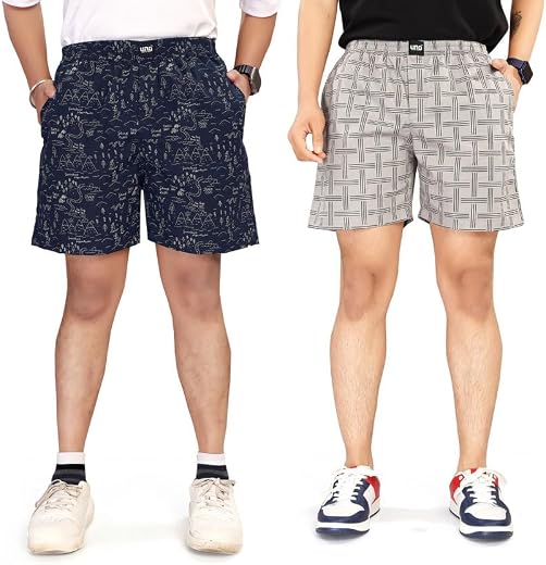 UNOseven Shorts for Boys - 100% Cotton Printed with Side Pockets - Pack of 2 - Available from Size 7 Years to XL