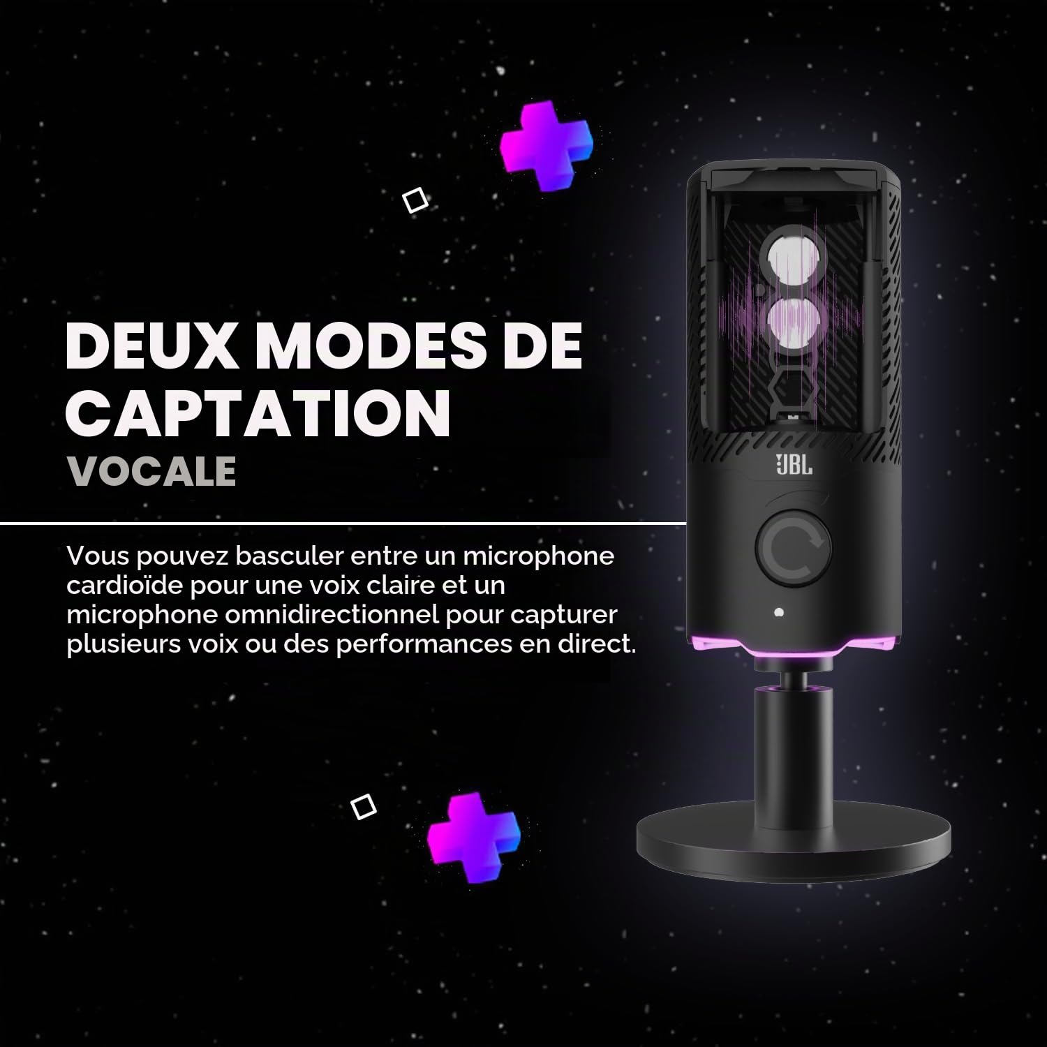 Microphone USB JBL Quantum Stream - Conçu pour le streaming, les enregistrements et le gaming, facilement mis en sourdine, contrôle du volume et montage universel - Noir