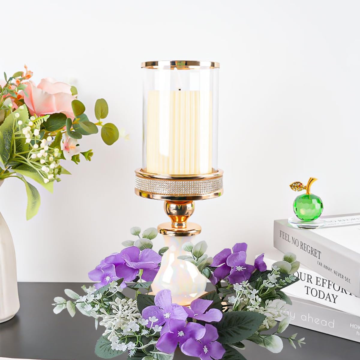 6Pcs Flower Candle Rings Floral Candle Holder Wreath Wedding Candle Rings Small Artificial Floral Wreaths for Wedding Home Party Decoration,Purple