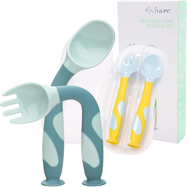 Baby Utensils Spoons Forks with Travel Safe Case for Toddler Babies Children Feeding Training Spoon Easy Grip Bendable Perfect Self Feeding Learning Stand Spoons Forks