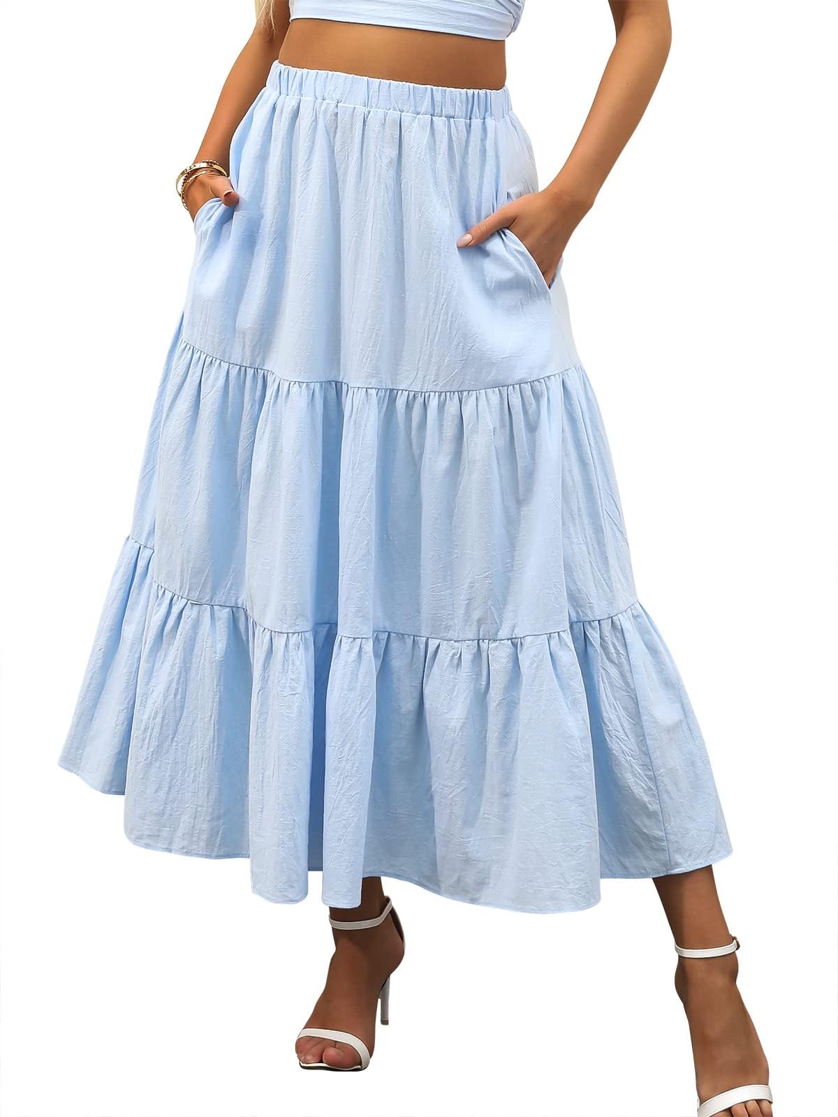 ANRABESS Women’s Summer Boho Elastic Waist Pleated A-Line Flowy Swing Tiered Long Beach Skirt Dress with Pockets