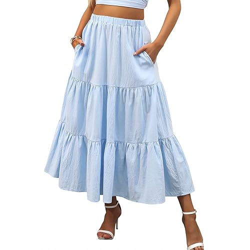 ANRABESS Women’s Summer Boho Flowy Swing Tiered A-Line Maxi Skirt 2026 Fashion Trendy Elastic Waist Pleated Long Beach Dress