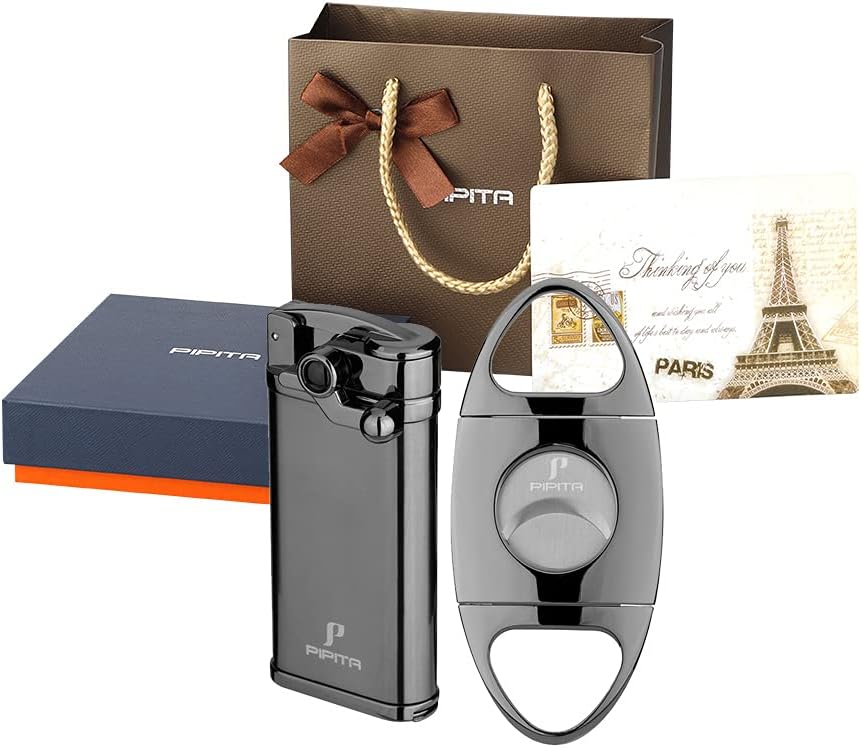 PIPITA 2pcs Torch Lighter Windproof Cigar Lighter Jet Single Flame Cigarette Lighter, Adjustable Flame and Refillbale Fuel Metal Lighter (Butane Not Included) (Lighter and Cutter)