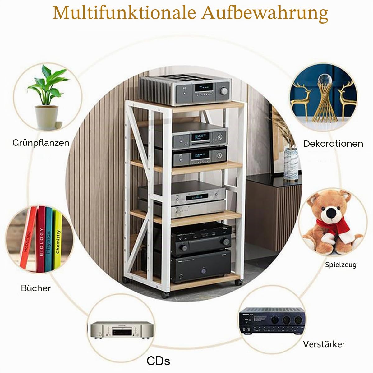 Audio Rack mit 2/3/4 Ebenen, HiFi Regal mit Rollen, Audio Schrank für Zuhause, Verstärker-Rack mit Ablagen, TV Rack HiFi Möbel, beweglicher AV Turm für Stereoanlage & Heimkino