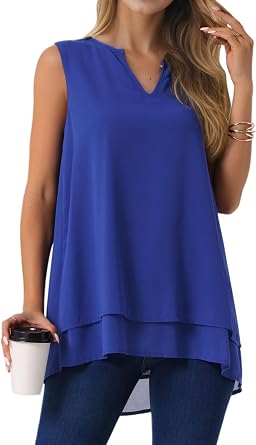 Seta T Women Chiffon Blouse V Neck Sleeveless Double Layer Flowy Casual Top