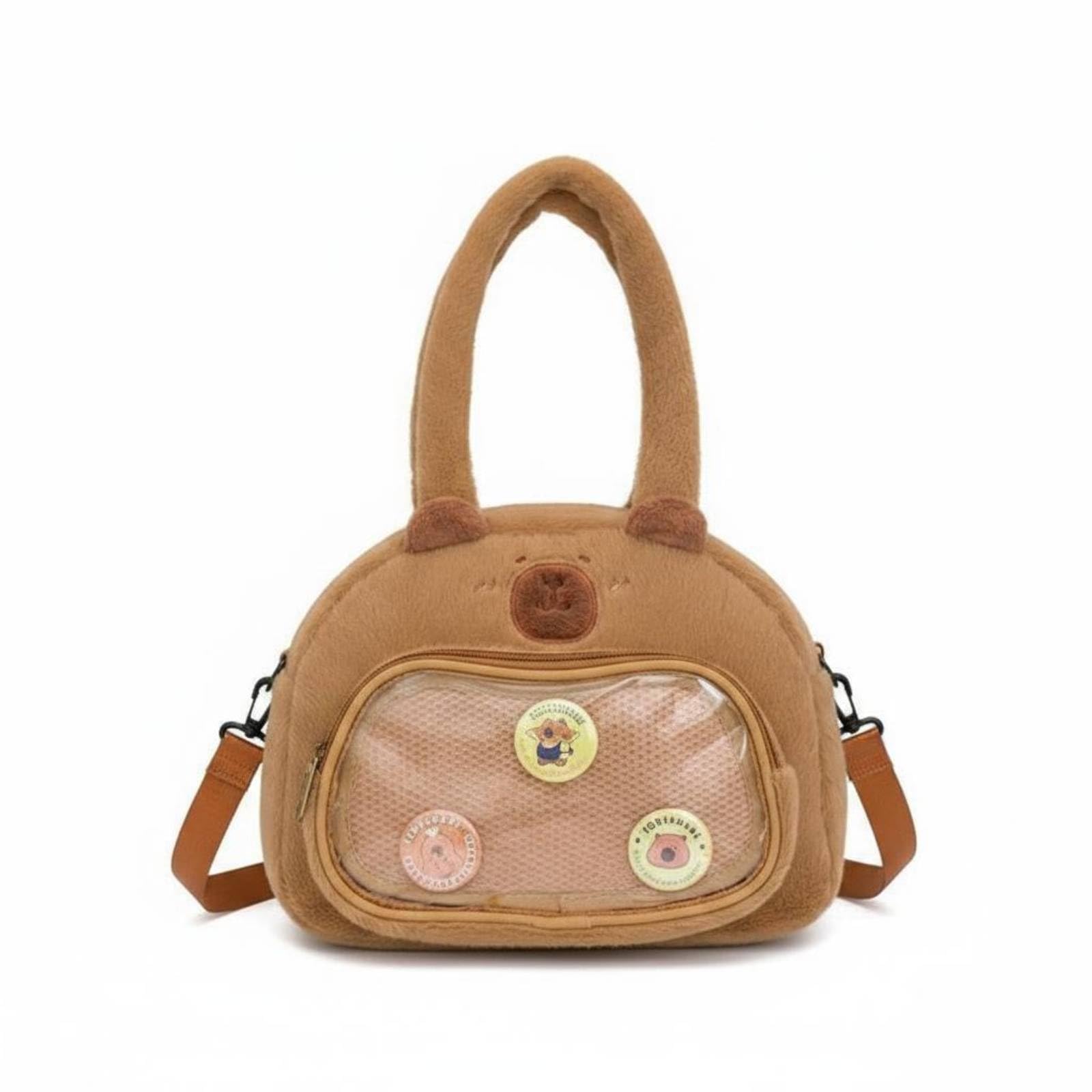 URJIX™ Detachable Strap Capybara Soft Toy Bag Transparent Mesh Pocket Soft Toy Capybara Bag Soft Children's Accessory Cute for Children, Brown-image-10