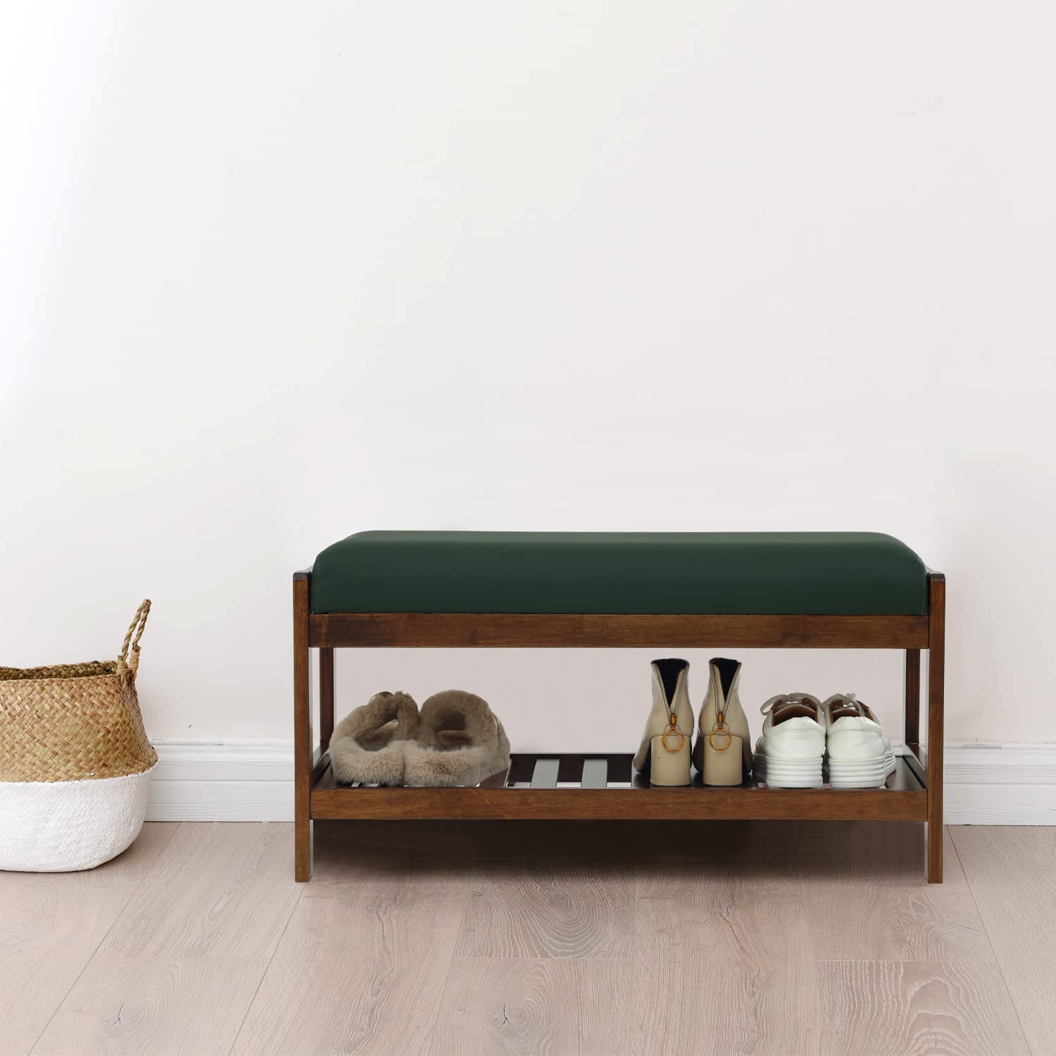 STRUGGLE Solid Wood Shoe Bench, Stable Shoe Rack with Cushion Padded Seat, Storage Shoe Shelf for Entryway, Living Room, Holds up to 300lbs, 32.9 x 17 x 13.4 Inches, Chestnut and Dark Green