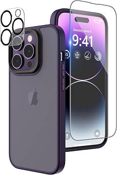 Matte Compatible with iPhone 14 Pro Case with Screen Protector, Full Body Shockproof Case with Camera Protector Translucent Matte Protective Slim Phone Case 6.1 inch, Midnight Purple