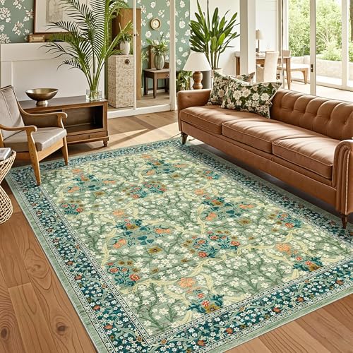 Image of 120x170cm Large Floral Area Rug Washable for Living Room Spring Green