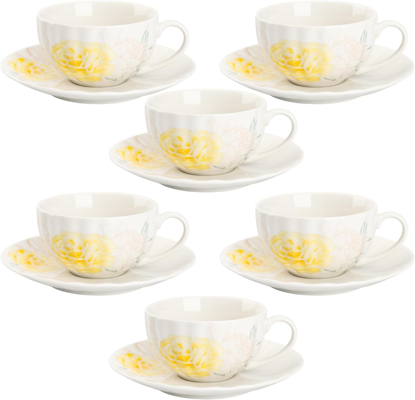 BTaT- Floral Tea Cups and Saucers Set of 6 (7 oz), Porcelain Tea Cups Set of 6, Modern Midnight Floral Design with Gold Trim, Dishwasher & Freezer Safe