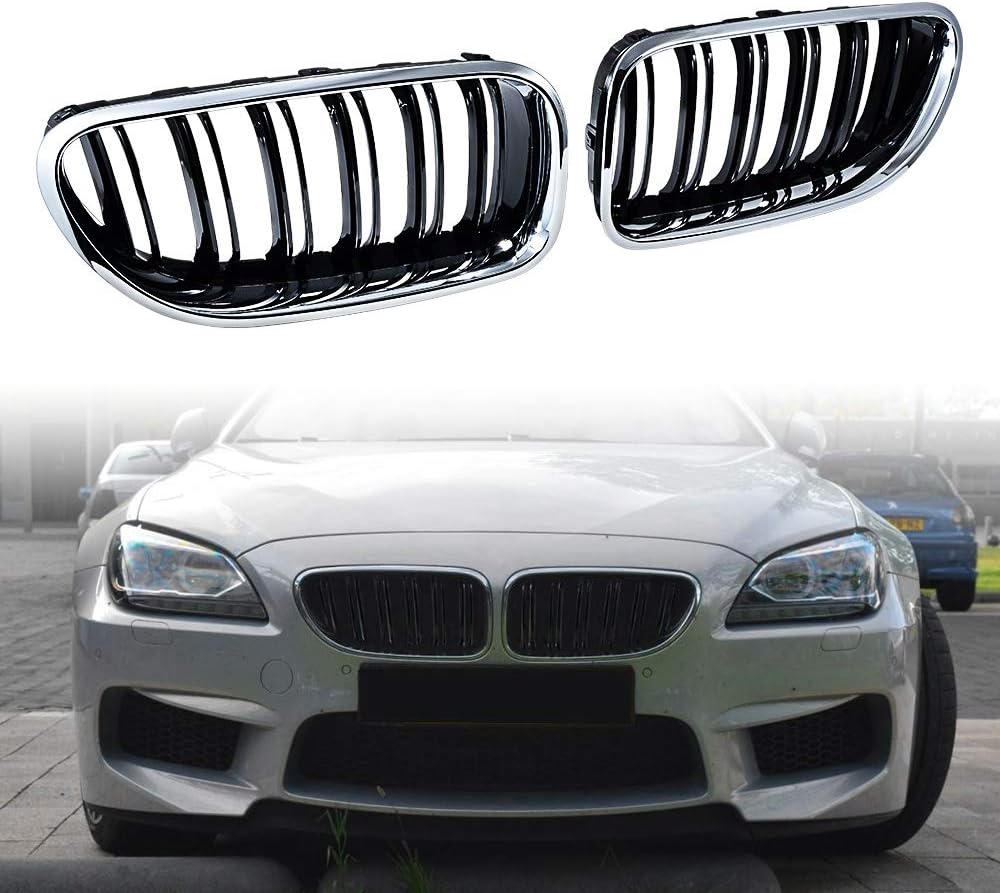 Chrome Trim Glossy Black Double Line Kidney Grille Compatible with 2012-2018 BMW F06 F12 F13 Coupe 640i 650i 640d M6