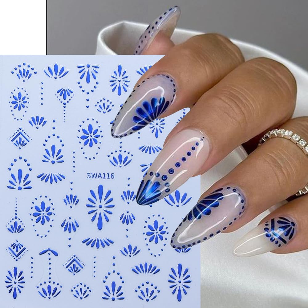 Bohemian Style Nail Art Stickers, 3D Self-Adhesive Blue Gold Silver Bohemian Designs Nail Decoration Retro Style Nail Design Manicure Tips Nail Decor Accessories for Women Girls(6Sheets)