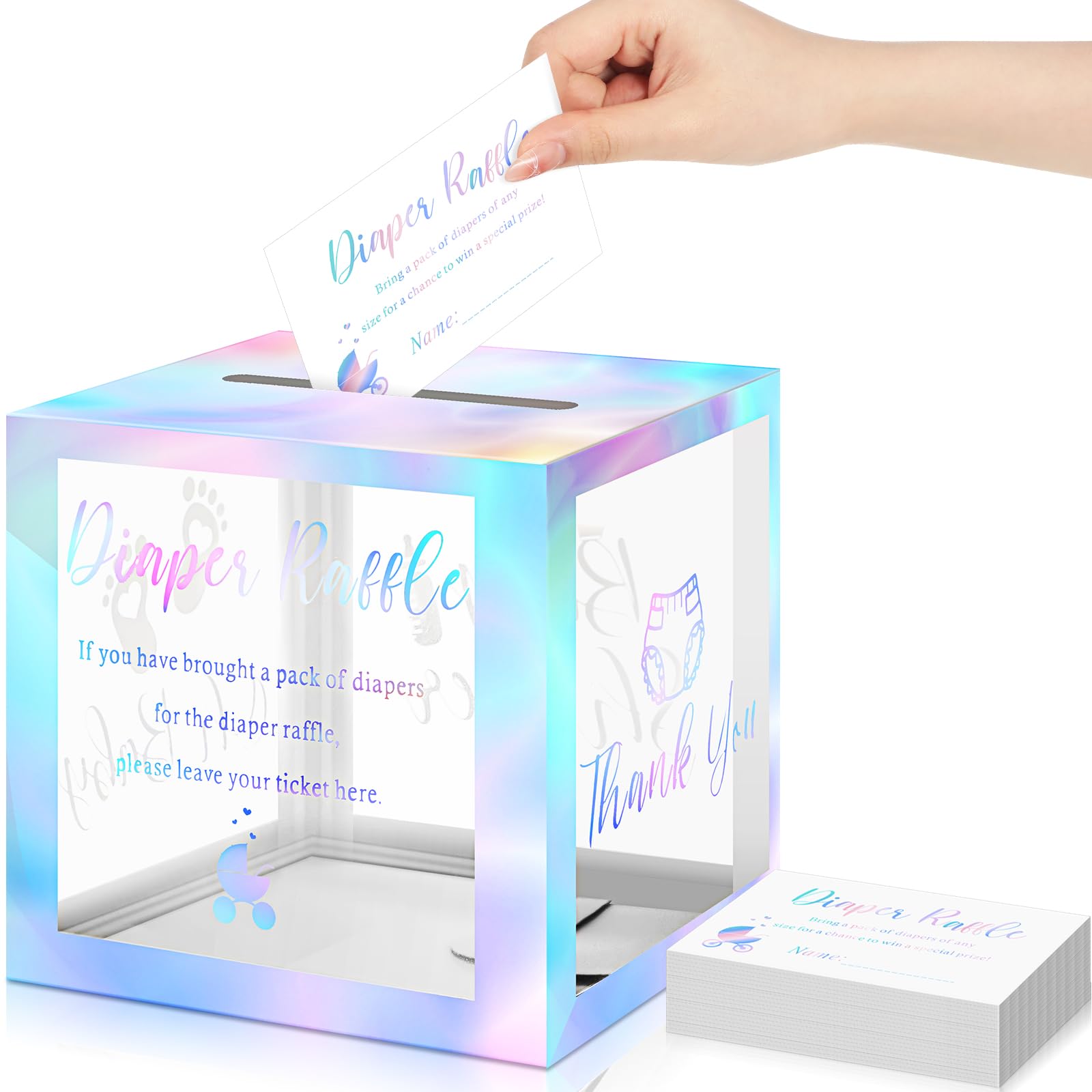 Funrous 51 Pcs Diaper Raffle Box with Tickets, Clear Laser Silver