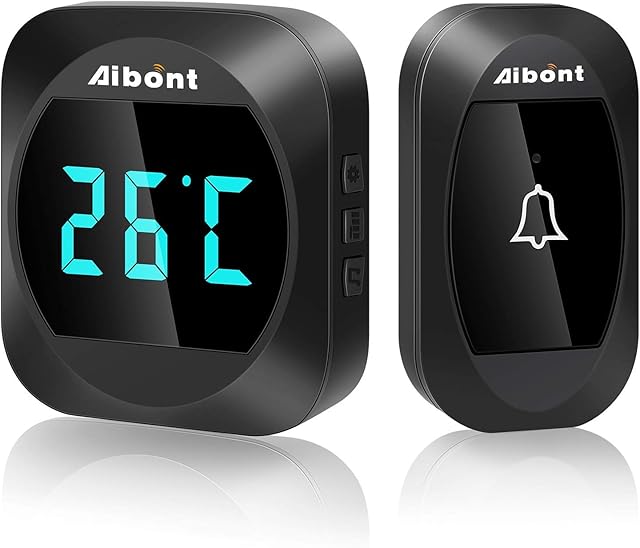 Wireless Doorbell, Thermometer,IP44 Waterproof Door Bell Chime Kit with 1000ft Range,38 Chimes,0-100dB Loud 4-Level Volume and LED Display,Plug in Doorbells Cordless for Home,Office-Batteries Include
