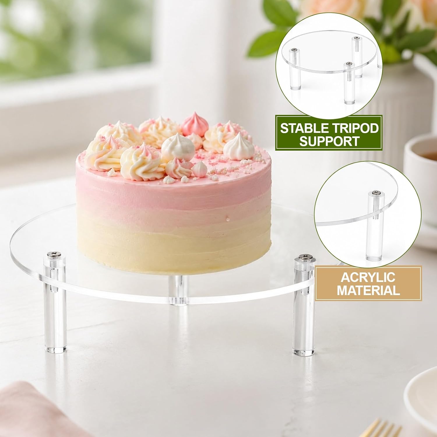 3 Pack Acrylic Cake Stand Clear Display Risers with Detachable Tripod Support 6'' 8'' 10'' Pedestal Cake Stands for Wedding Birthday Party, Clear Cake Stand Set for Bakery Home Kitchen Counter Decor