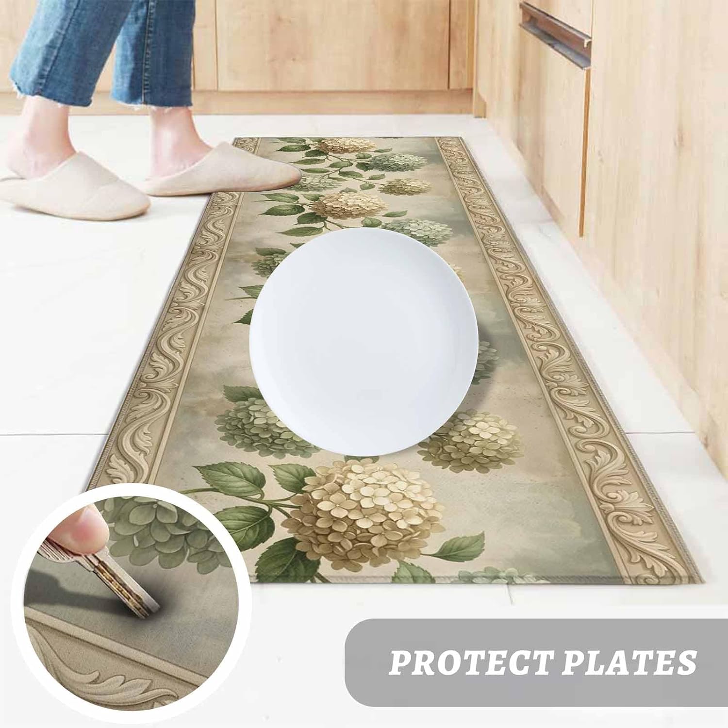 Teamery Kitchen Mats for Floor Cream Gold Hydrangeas Washable Non Slip Kitchen Rugs 1PCS, Farm Floral Art Absorbent Standing Mats for Sink Bathroom Office Living Room 15.7x47.2in