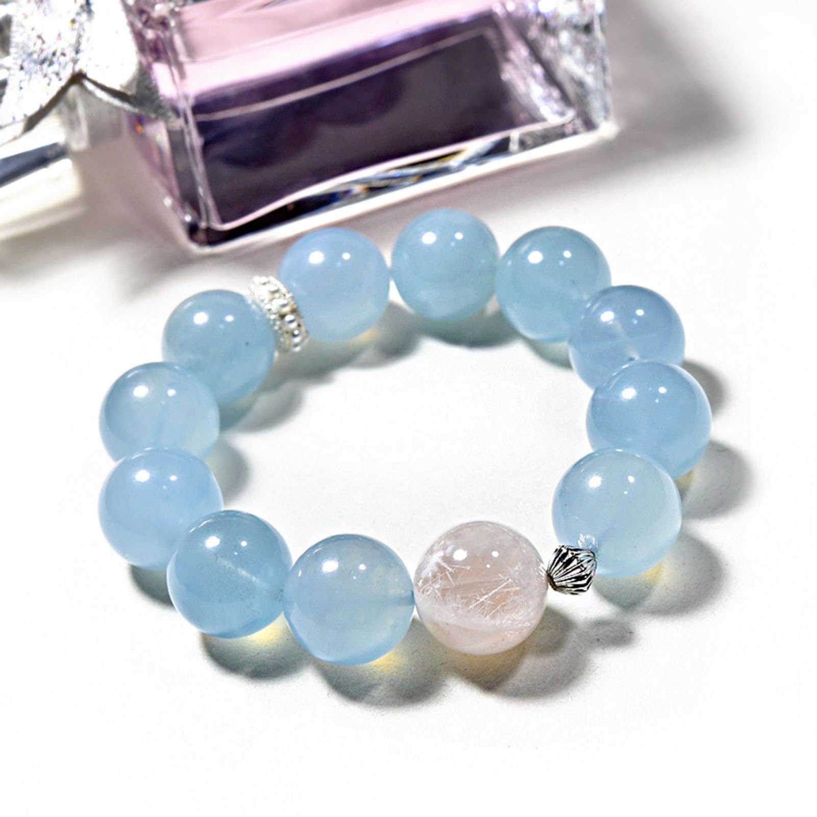 Pulsera de Piedra Aguamarina, auténticas Pulseras elásticas con múltiples Piedras Preciosas, Cuentas de Cristal Azul Claro para la Paz y la claridad, joyería elástica meditación,A