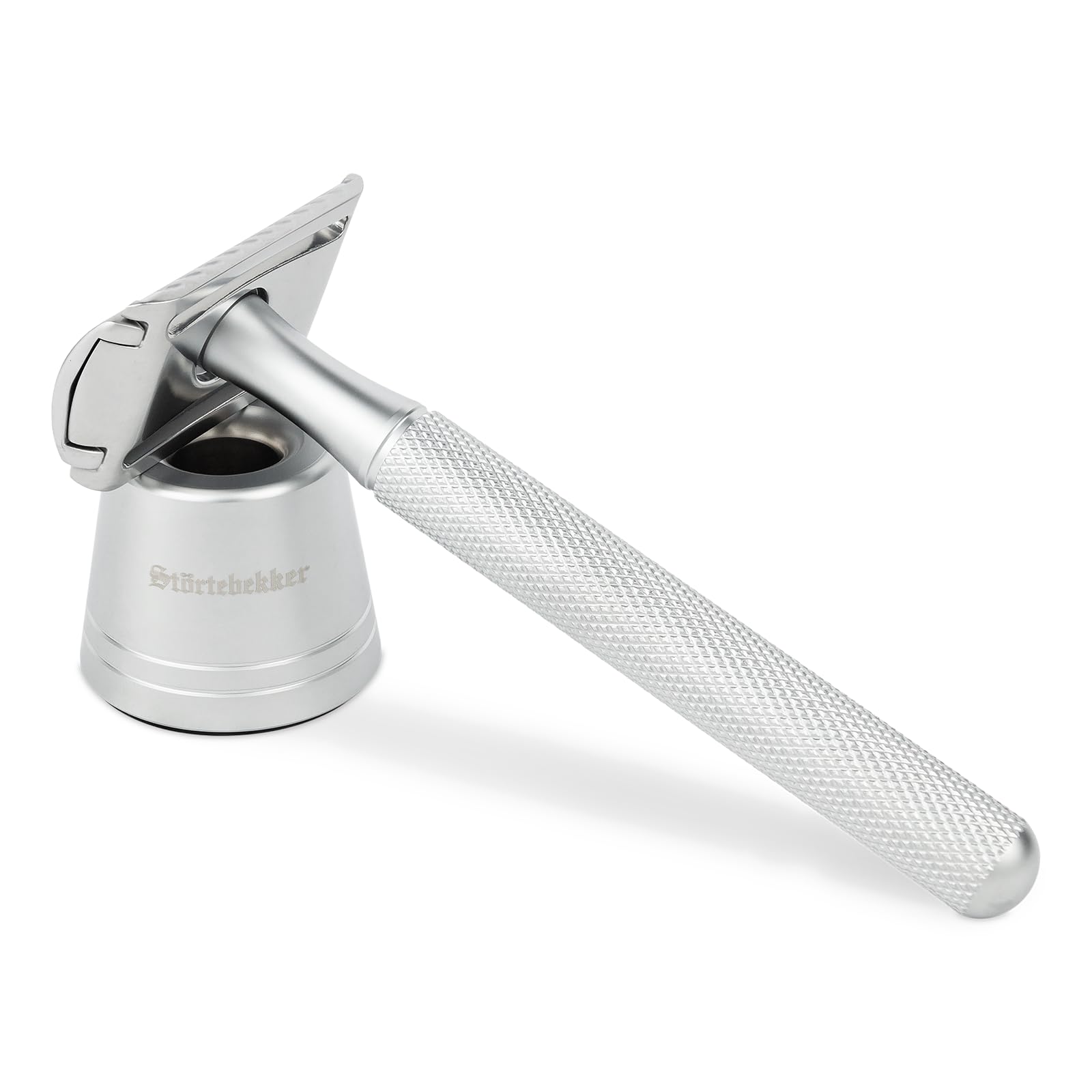 Störtebekker® Premium Rasierhobel 'Oslo' im Set mit Störtebekker Premium Rasierständer 'Oslo' in Silber - Edle matte Optik, rutschfester Griff, massiver Stand - Rasierset Herren - Geschenkidee