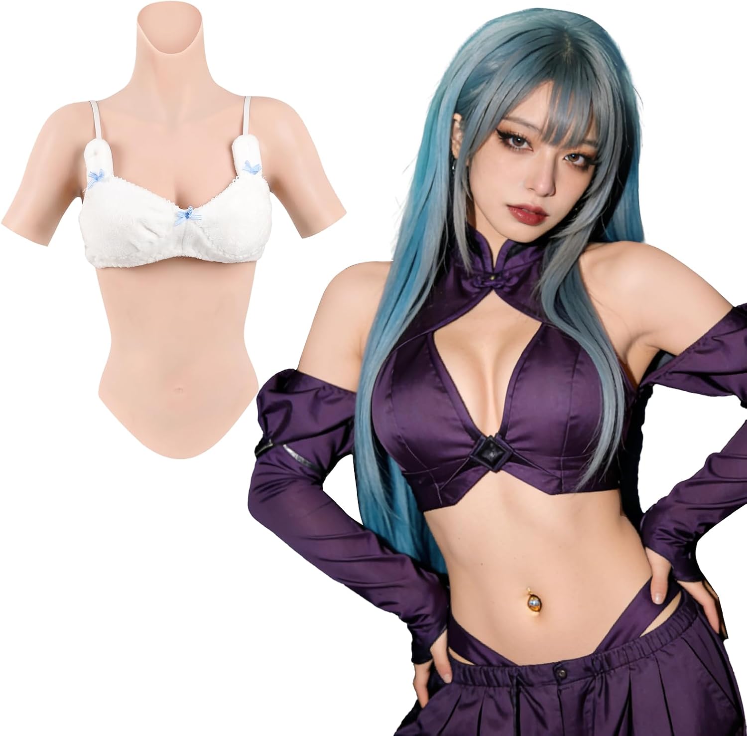 Seamless Silicone Breastplate Half Body Suit with High Neck & Short Sleeves Fake Breast for MtF Drag Cosplay Daily