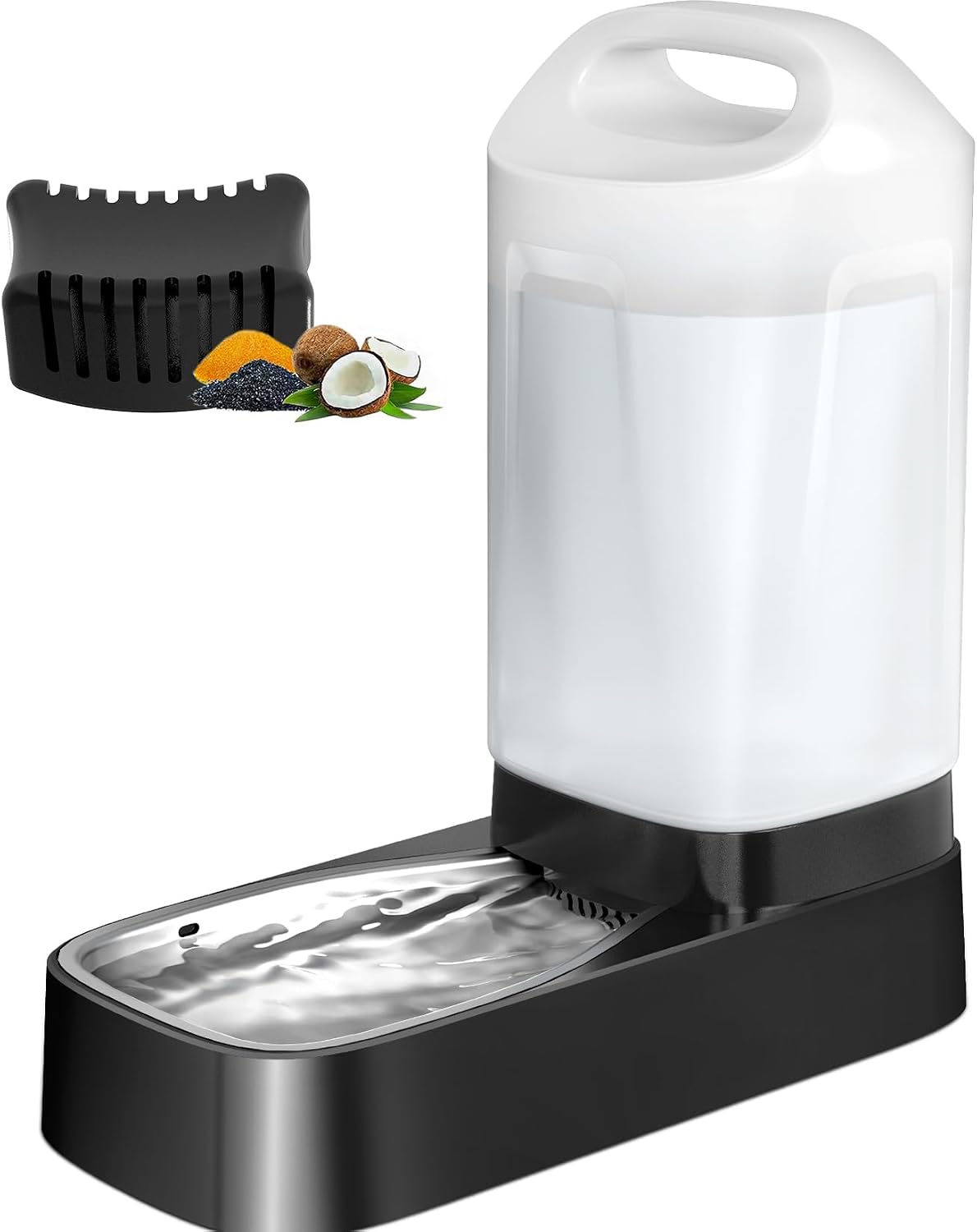 automatic dog water bowl dispenser with filter - 2.4 gal large gravity auto pet water feeder waterer with stainless steel bowl & easy carry handle for large dog cat multi pet use d2416b - with filter