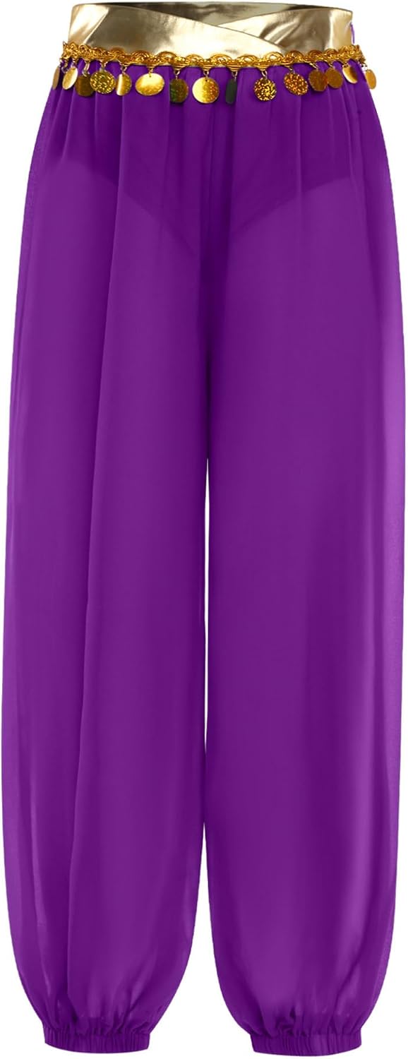 ACSUSS Kids Girls Long Bloomers Harem Pants for Belly Dance Costume High Waist Metallic Beaded Baggy Trousers